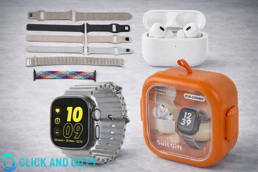 Kit smartwatch k18 49mm con auriculares bluetooth + 7 pulseras intercambiables