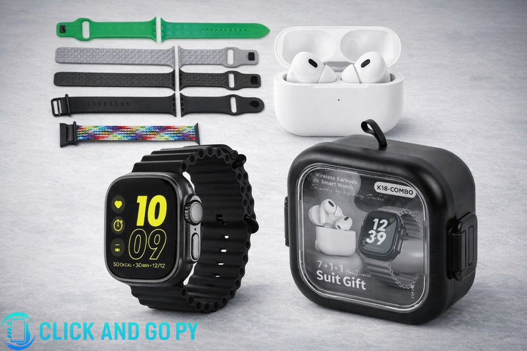 Kit smartwatch k18 49mm con auriculares bluetooth + 7 pulseras intercambiables