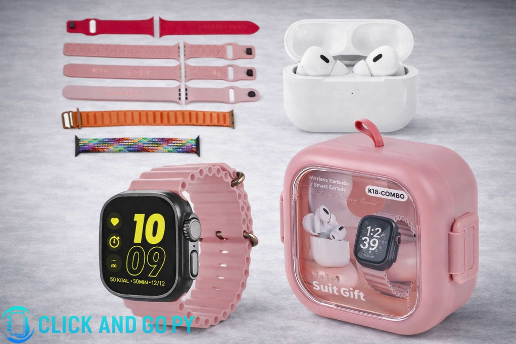 Kit smartwatch k18 49mm con auriculares bluetooth + 7 pulseras intercambiables